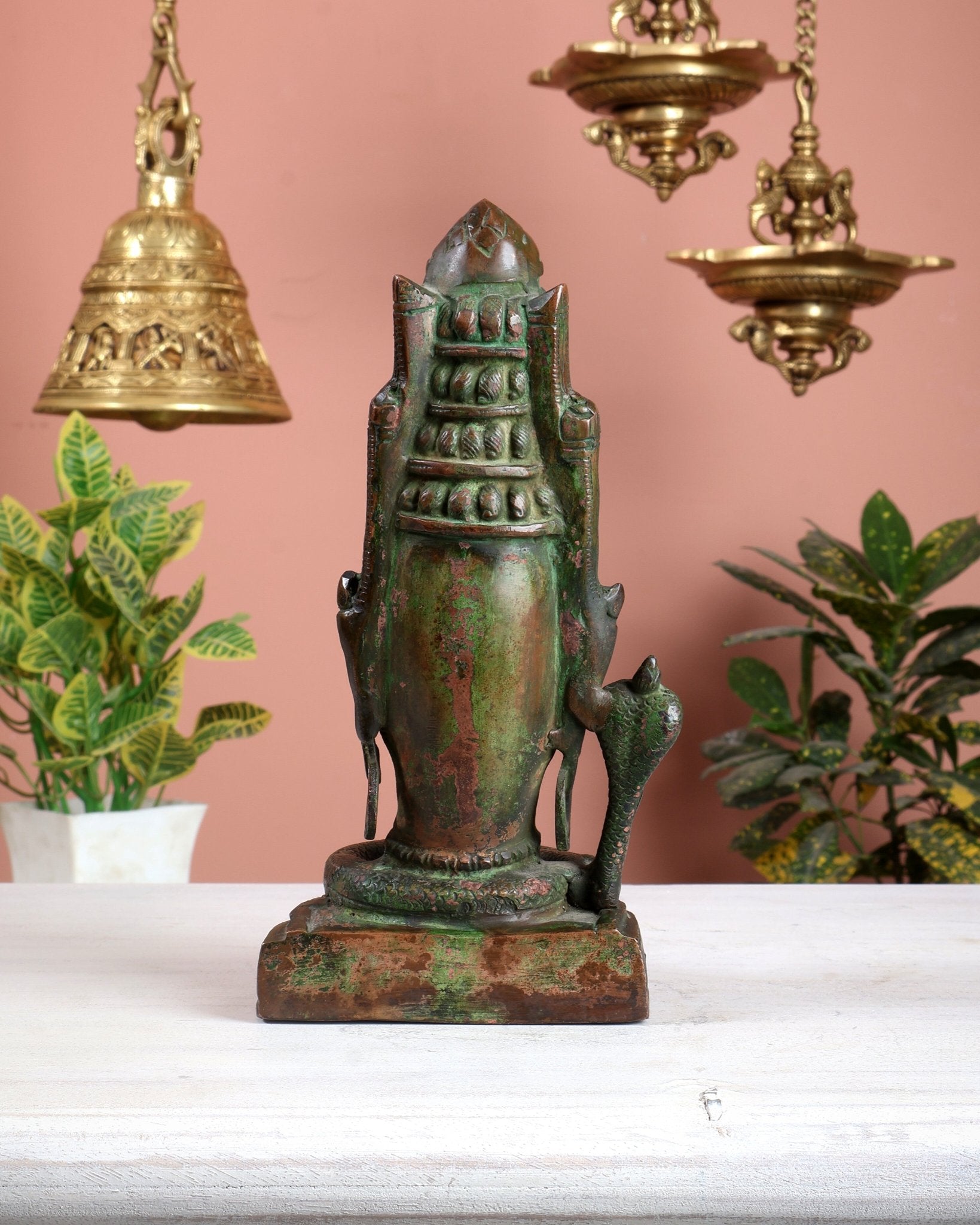 Brass Lord Shiva Face Bust Statue - Vintage Green Finish, 9" - Budhshiv.com