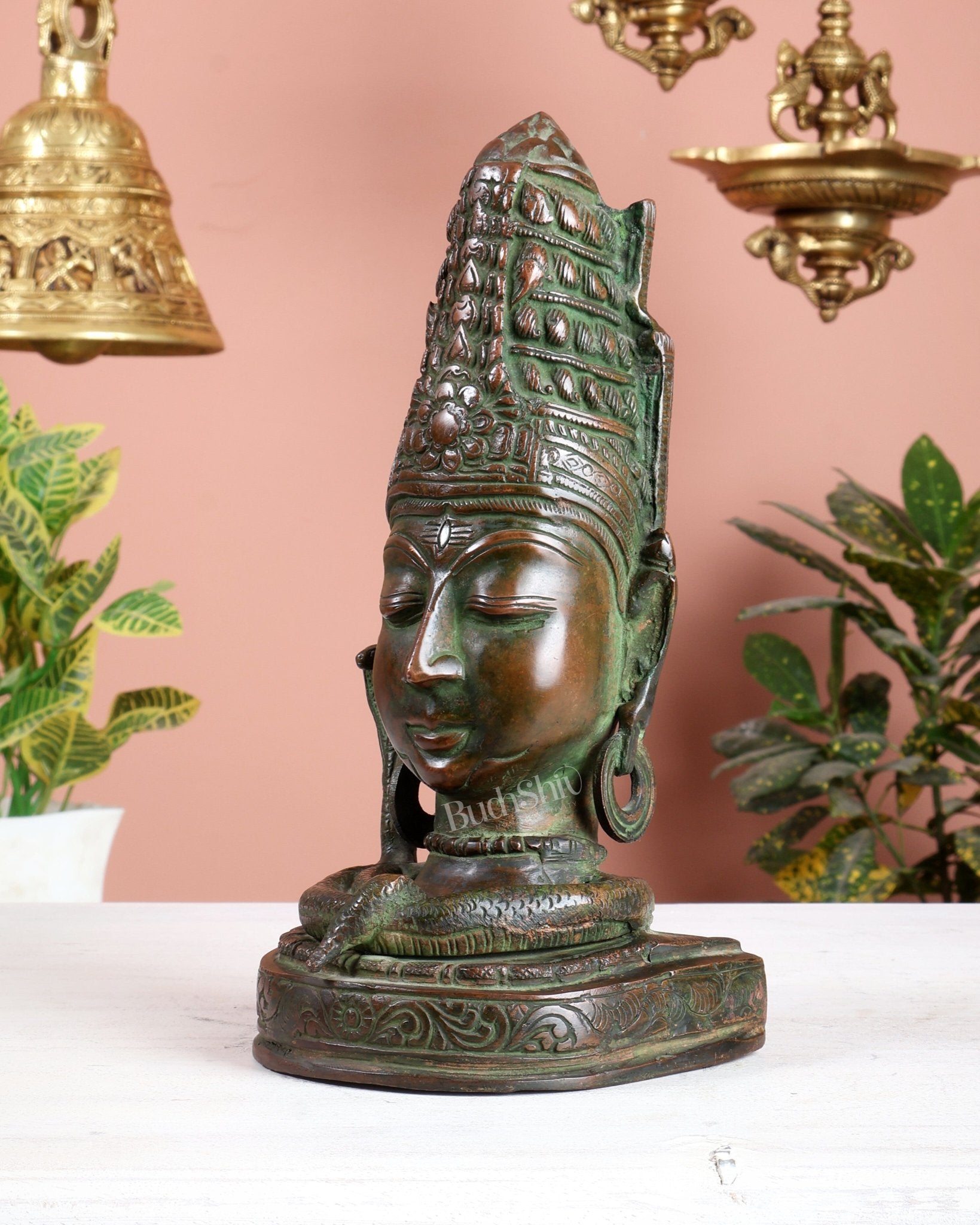 Brass Lord Shiva Face Bust Statue - Vintage Green Finish, 9" - Budhshiv.com