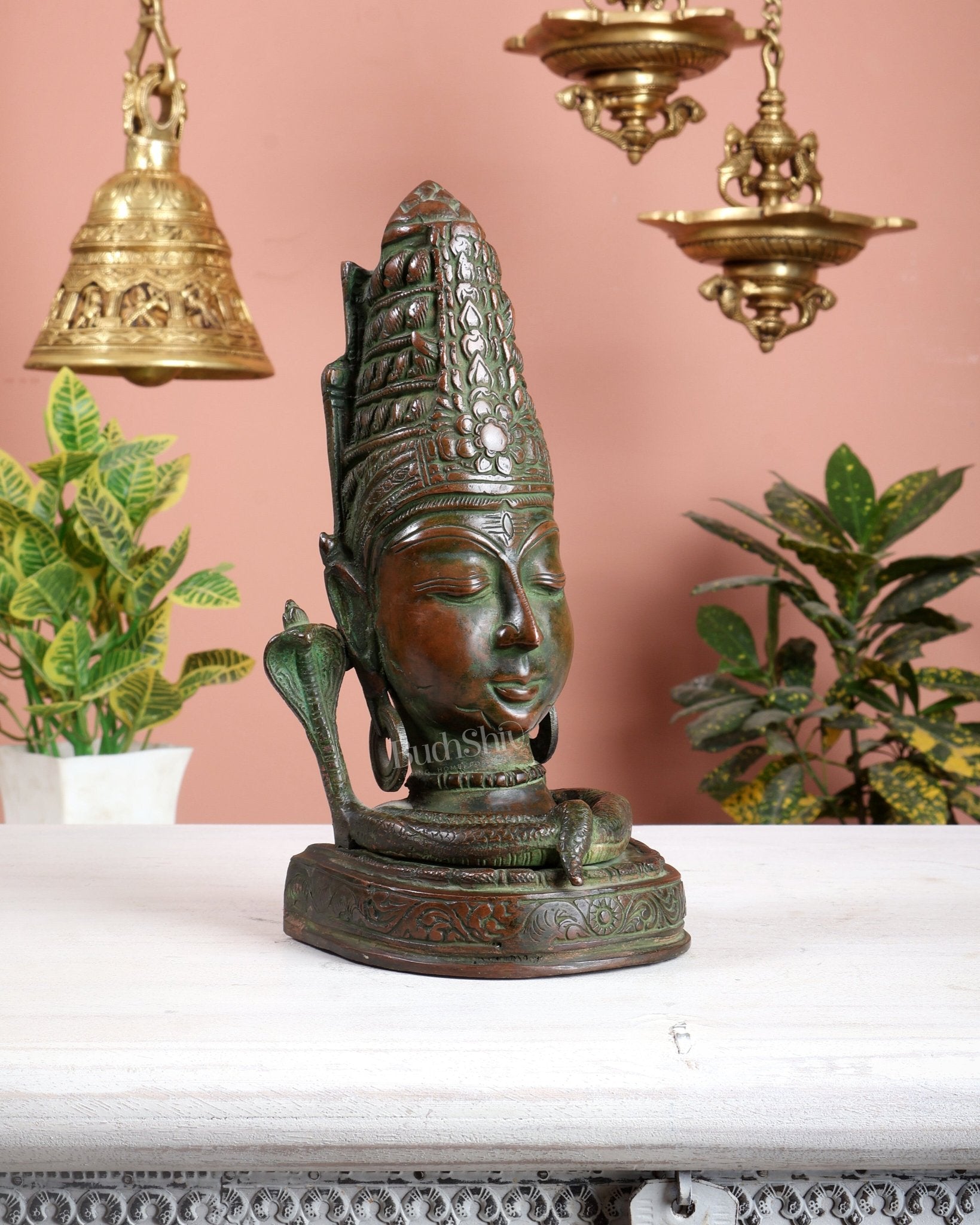 Brass Lord Shiva Face Bust Statue - Vintage Green Finish, 9" - Budhshiv.com