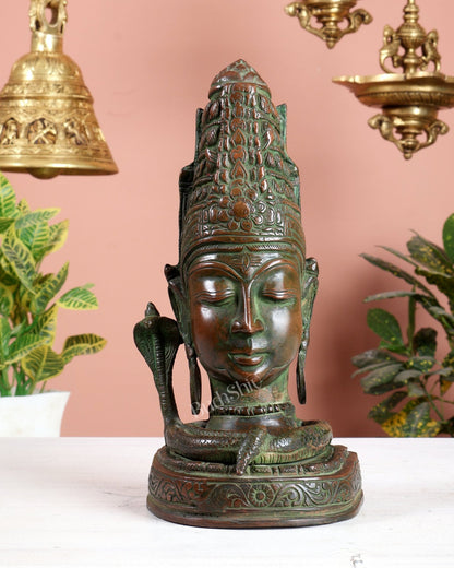 Brass Lord Shiva Face Bust Statue - Vintage Green Finish, 9" - Budhshiv.com