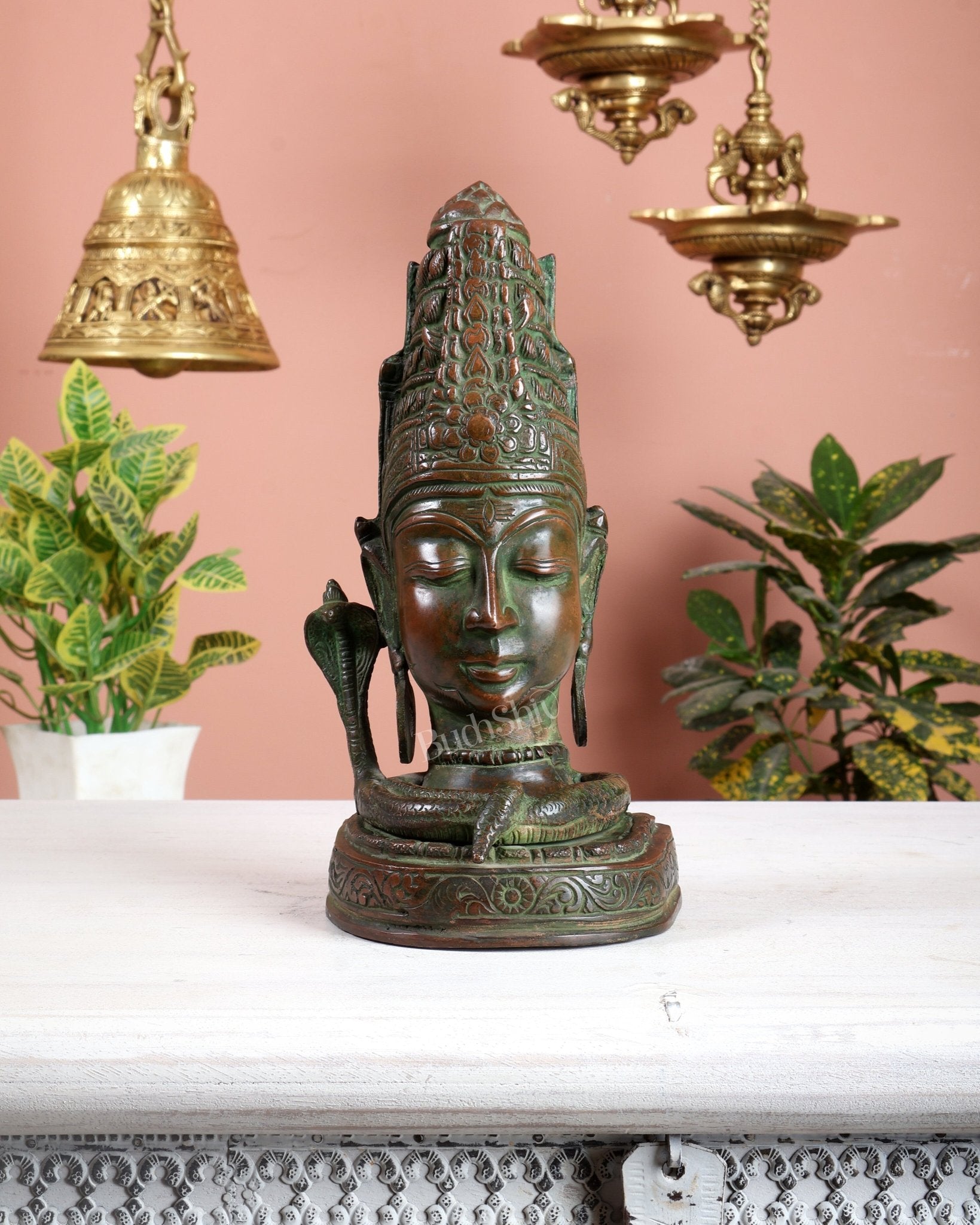 Brass Lord Shiva Face Bust Statue - Vintage Green Finish, 9" - Budhshiv.com