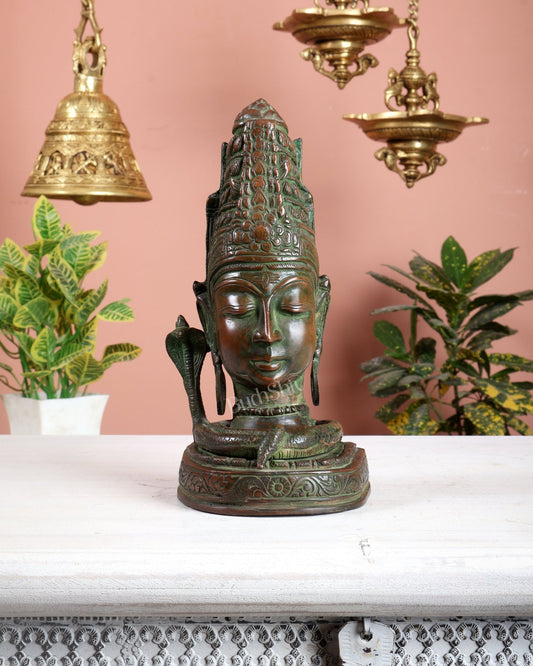 Brass Lord Shiva Face Bust Statue - Vintage Green Finish, 9" - Budhshiv.com