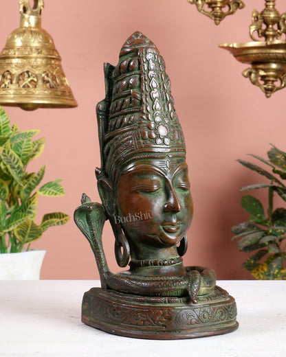 Brass Lord Shiva Face Bust Statue - Vintage Green Finish, 9" - Budhshiv.com