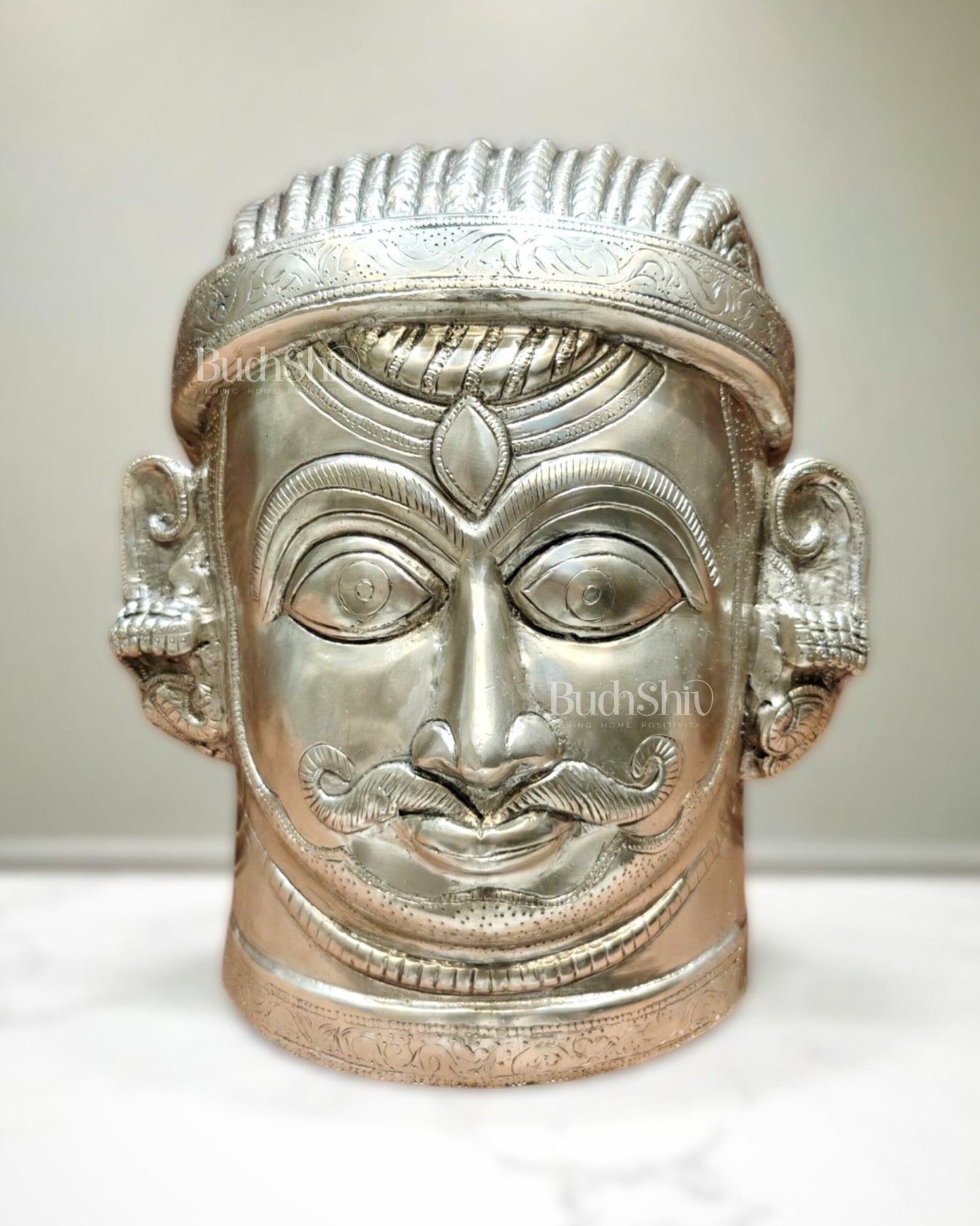 Brass Lord Shiva Face Mukhalingam – 11 inch silver plated - Budhshiv.com