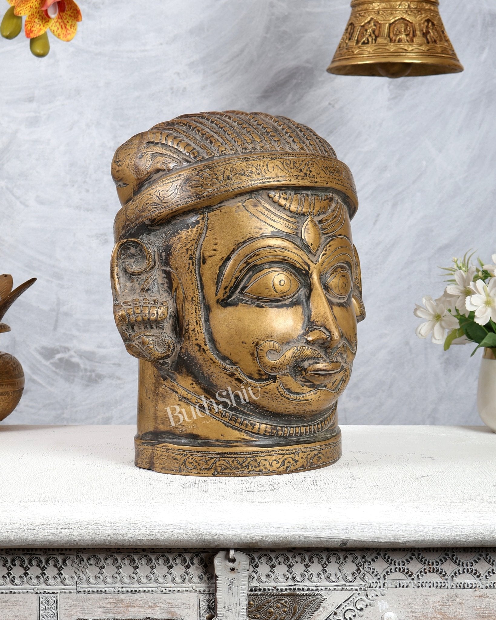 Brass Lord Shiva Face Mukhalingam – Vintage Tone, 11" Height - Budhshiv.com