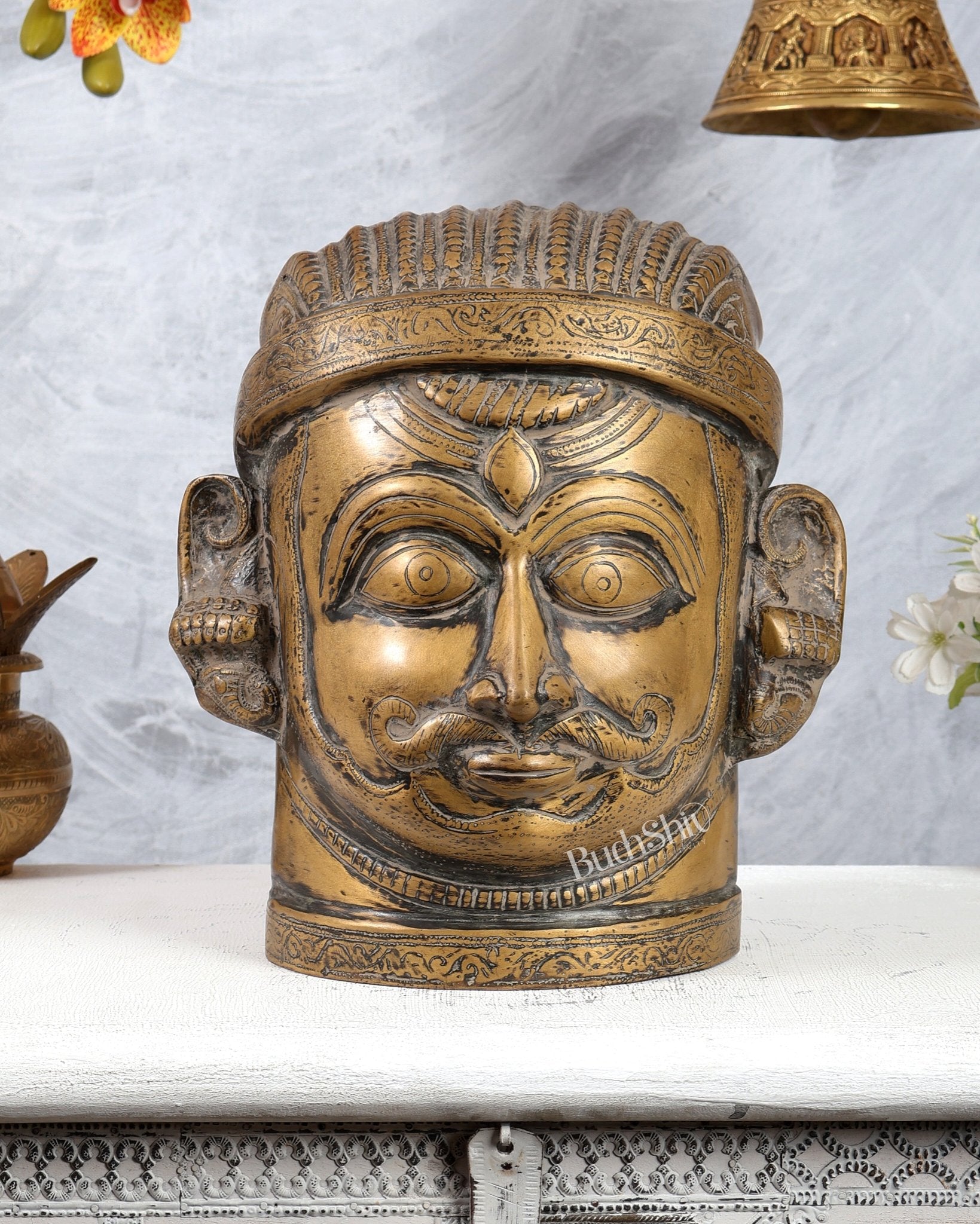 Brass Lord Shiva Face Mukhalingam – Vintage Tone, 11" Height - Budhshiv.com