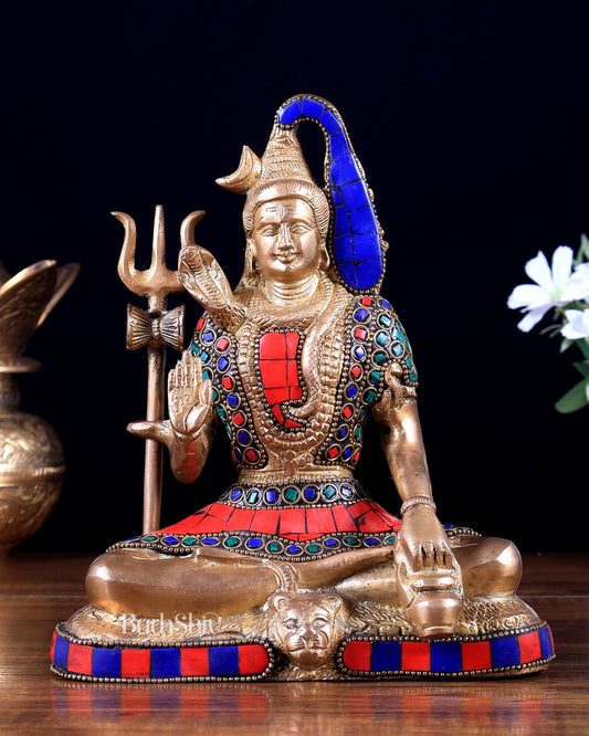 Brass Lord Shiva in Blessing Mudra with Stonework – 8 inch - Budhshiv.com