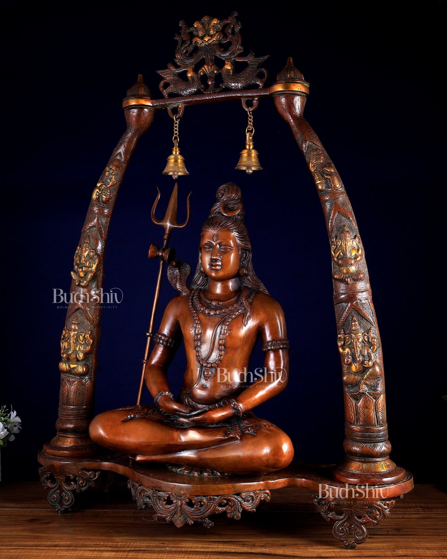 Brass Lord Shiva in Meditation with Engraved Ganesha Pillars — Majestic 34.5 - Inch Temple Sculpture - Budhshiv.com
