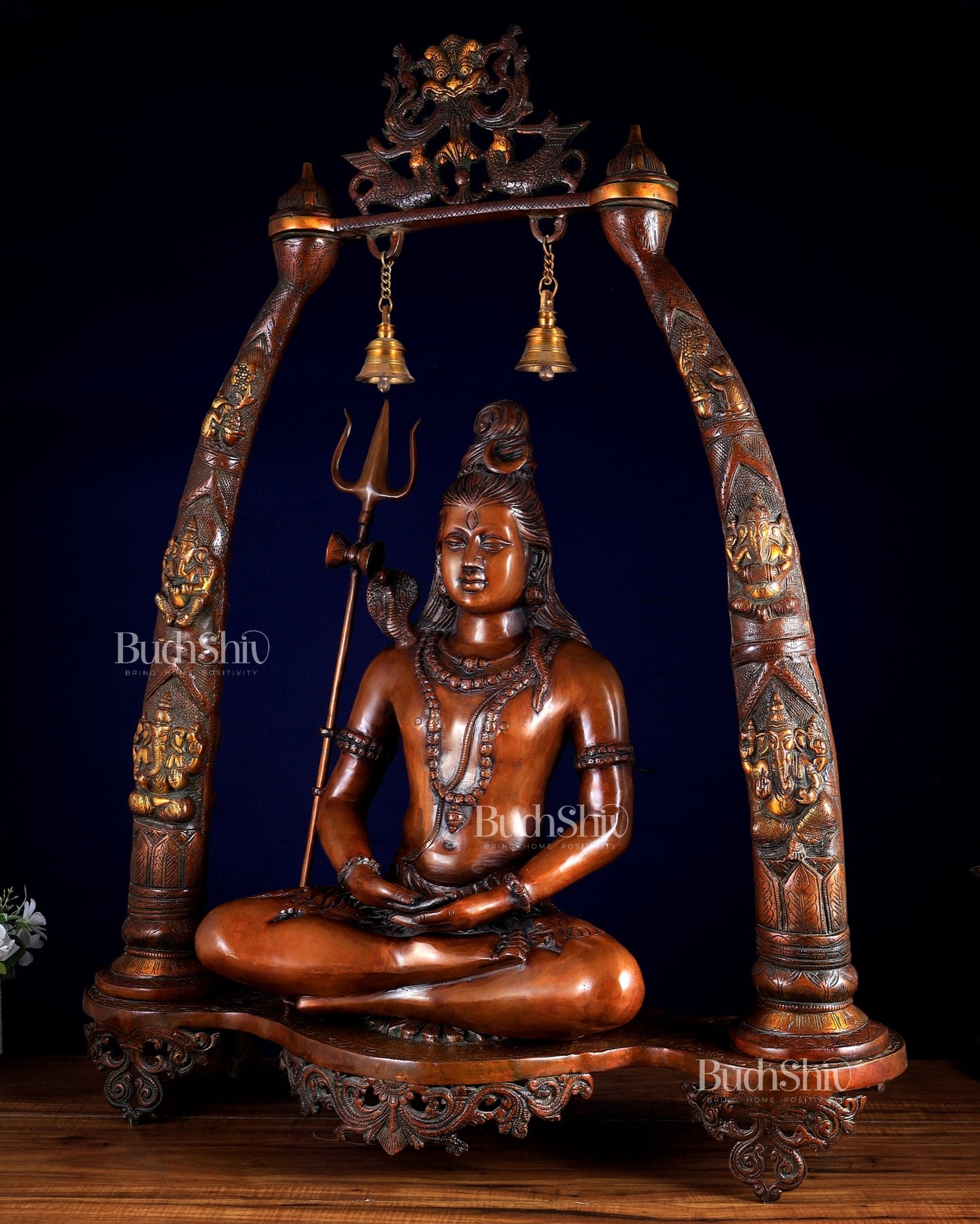 Brass Lord Shiva in Meditation with Engraved Ganesha Pillars — Majestic 34.5 - Inch Temple Sculpture - Budhshiv.com