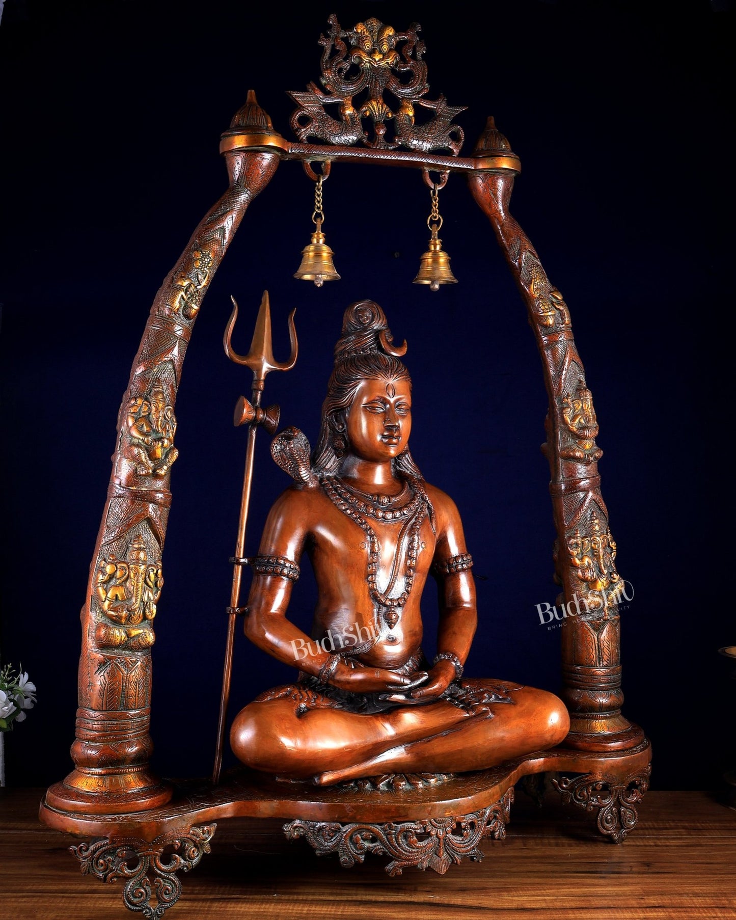 Brass Lord Shiva in Meditation with Engraved Ganesha Pillars — Majestic 34.5 - Inch Temple Sculpture - Budhshiv.com