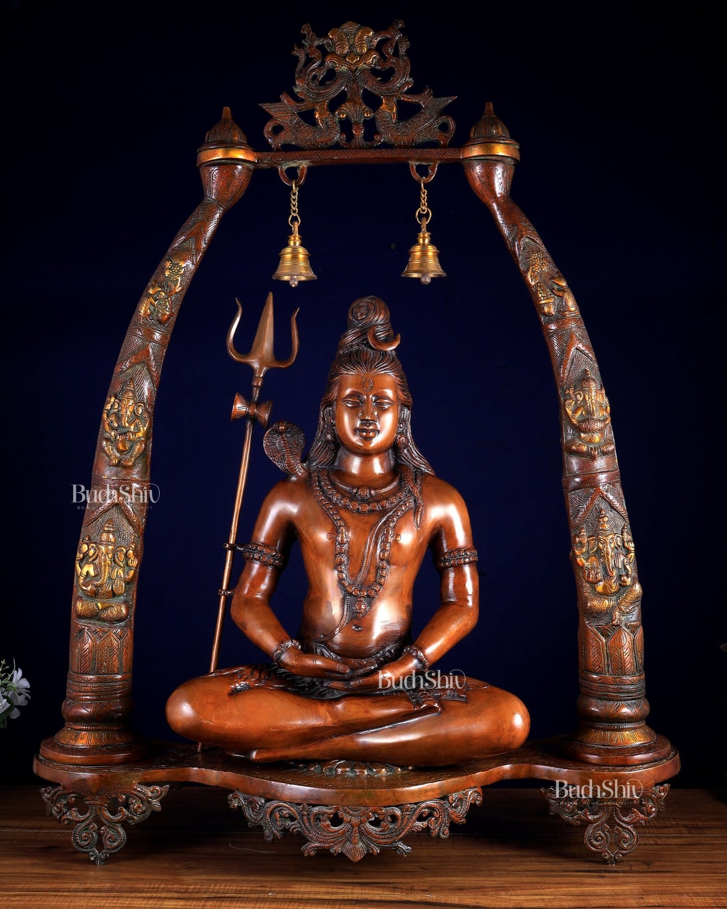 Brass Lord Shiva in Meditation with Engraved Ganesha Pillars — Majestic 34.5 - Inch Temple Sculpture - Budhshiv.com