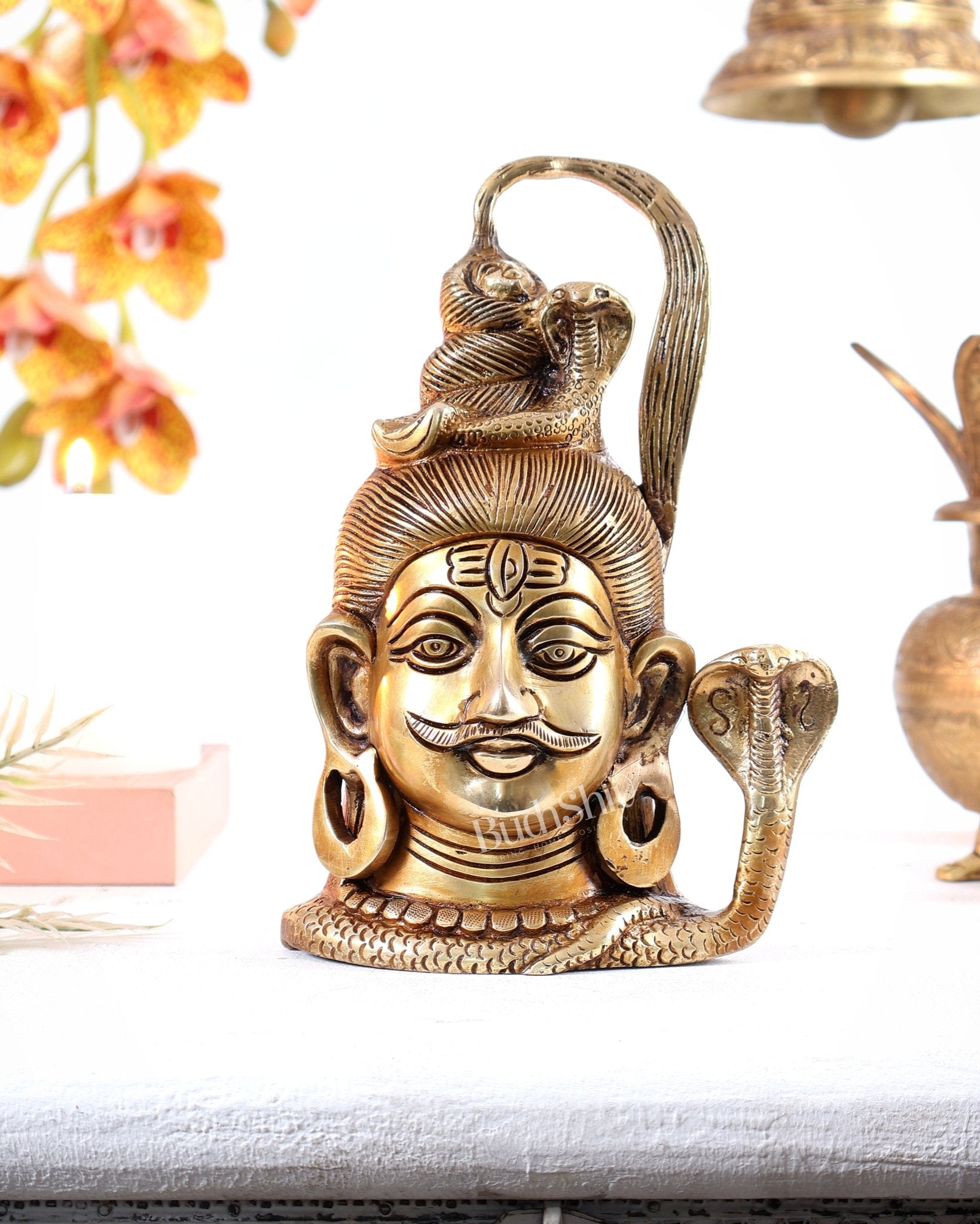 Brass Lord Shiva mahakaal 7 inch mukhalingam face statue - Budhshiv.com