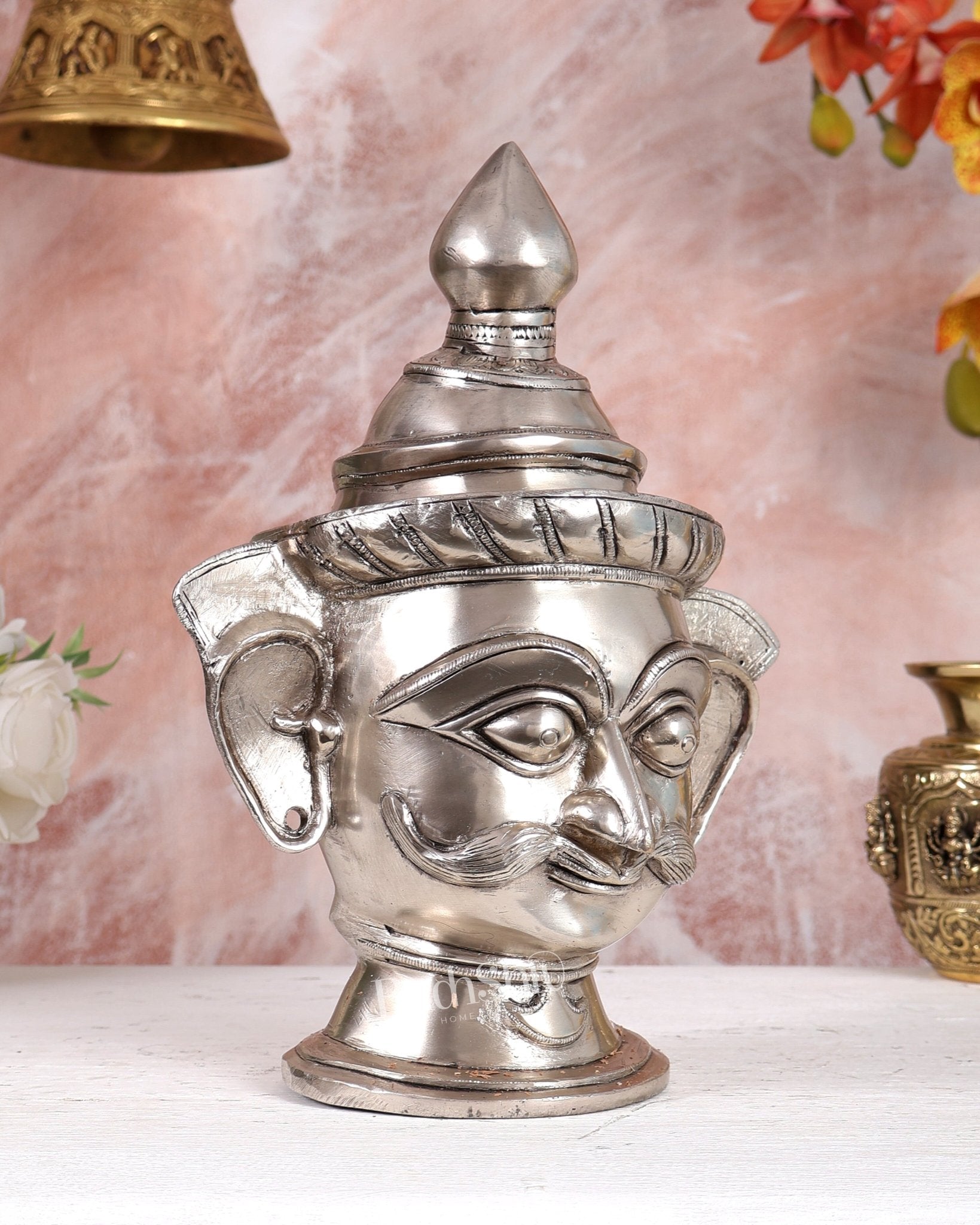 Brass Lord Shiva Mukhlingam silver plated Sculpture | 10" - Budhshiv.com