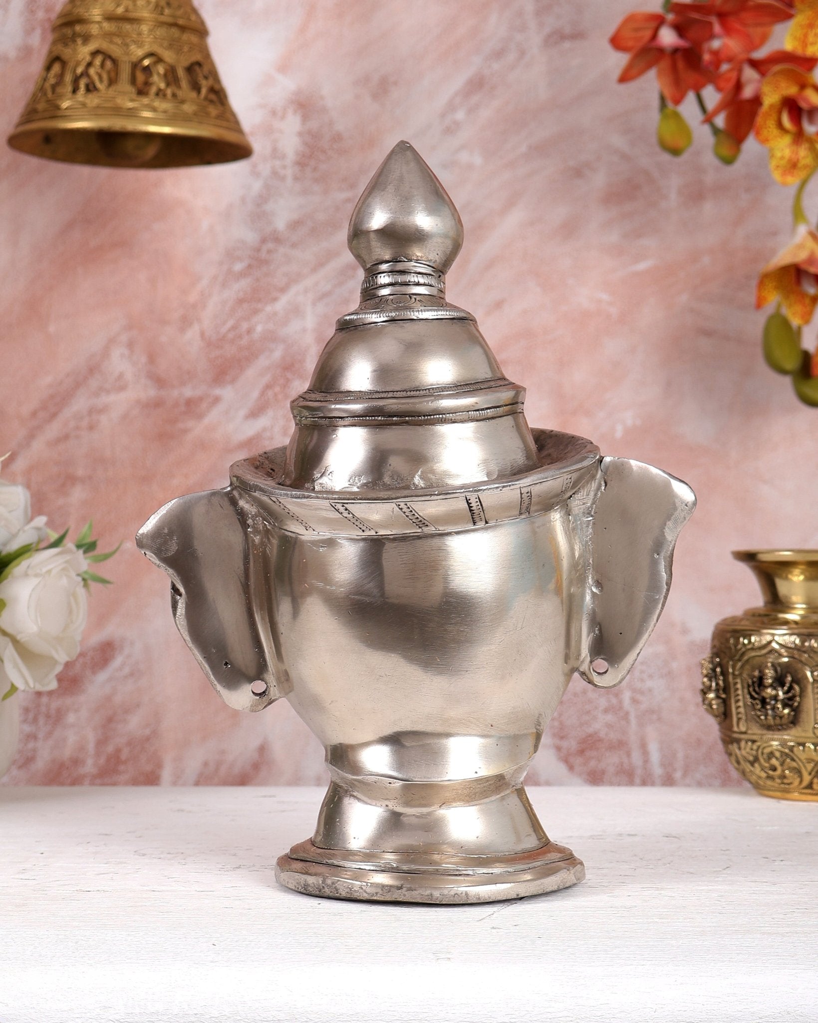 Brass Lord Shiva Mukhlingam silver plated Sculpture | 10" - Budhshiv.com