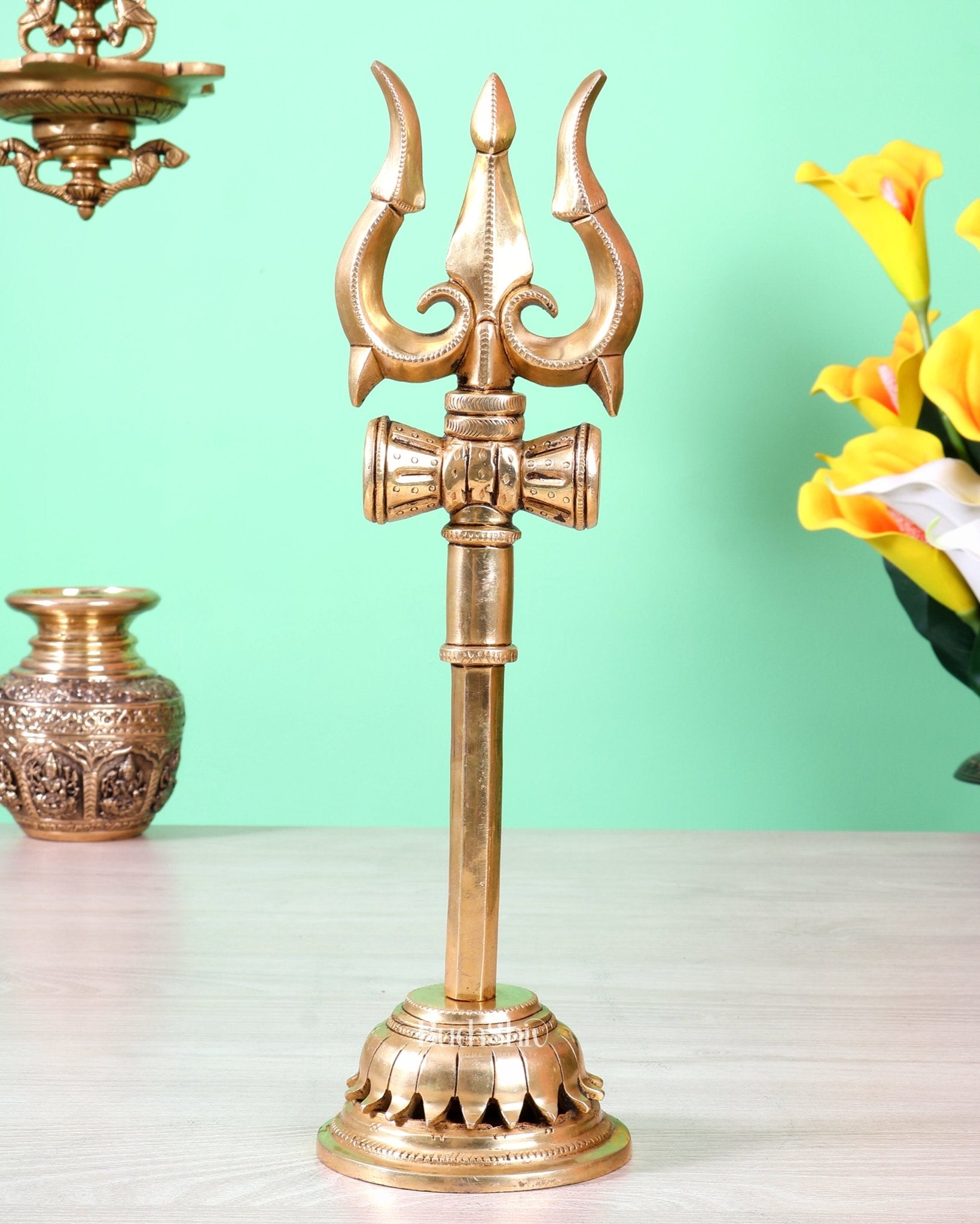 Brass Lord Shiva Trishul for table tops - 13.5" - Budhshiv.com