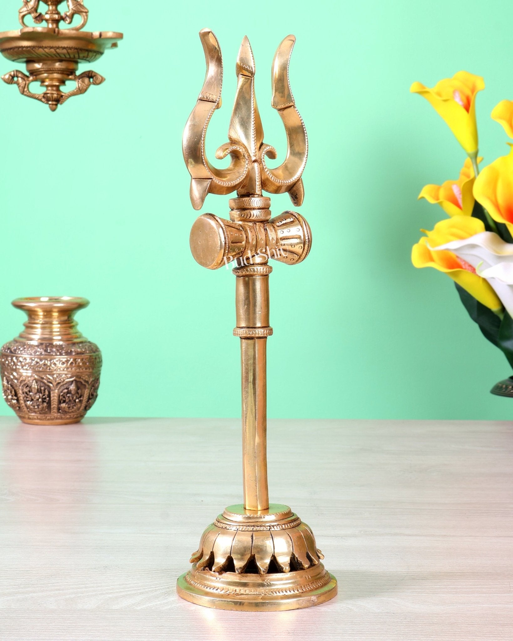 Brass Lord Shiva Trishul for table tops - 13.5" - Budhshiv.com