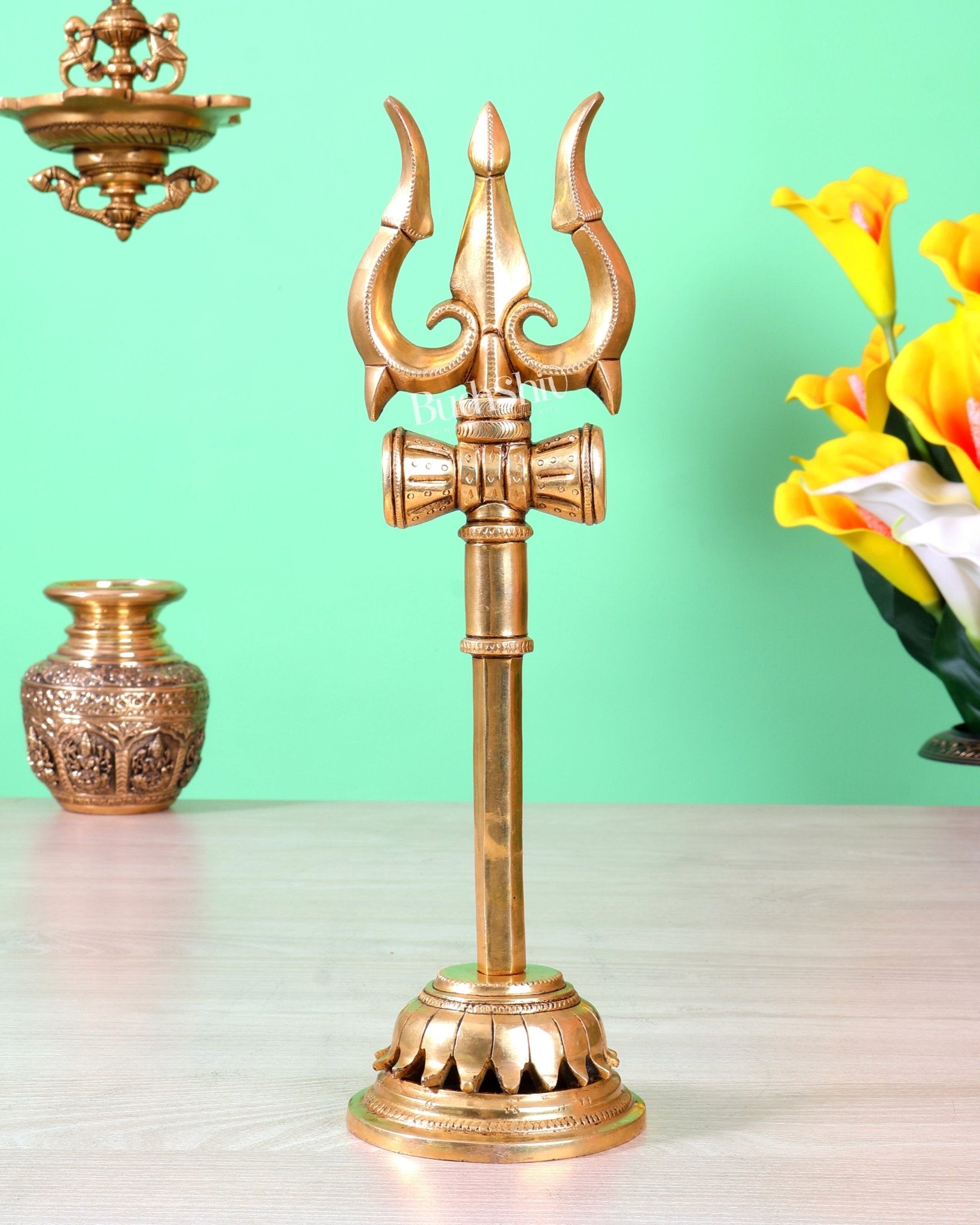 Brass Lord Shiva Trishul for table tops - 13.5" - Budhshiv.com