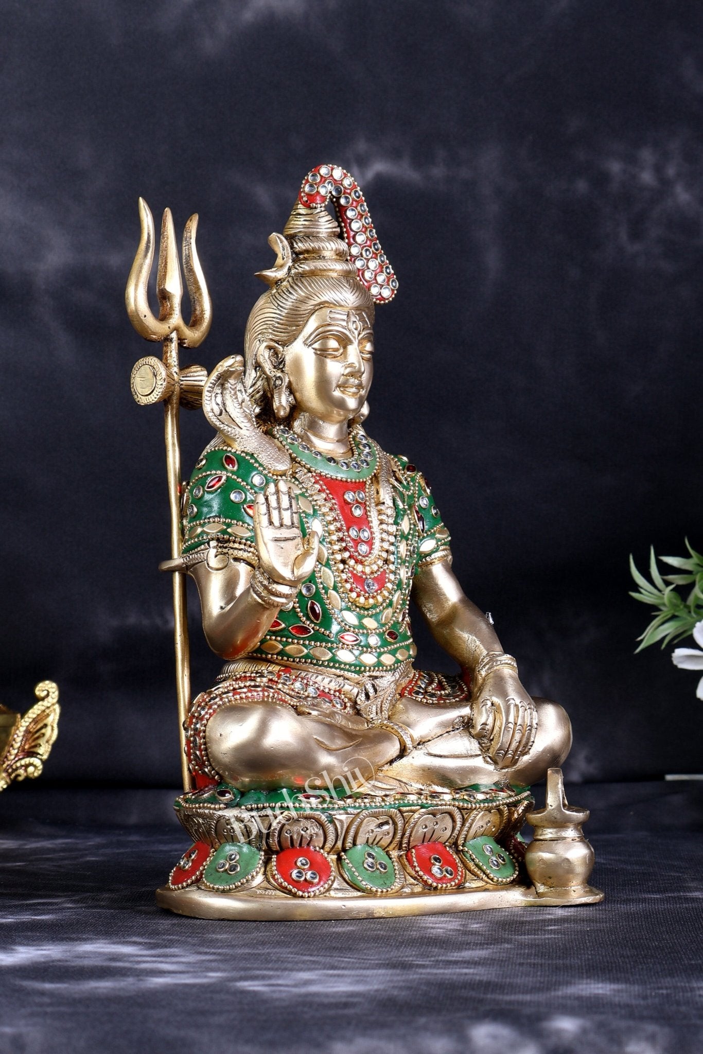Brass Lord Shiva with Kamandal Statue – Blessing Mudra Divine Idol (10 Inch) with stonework - Budhshiv.com