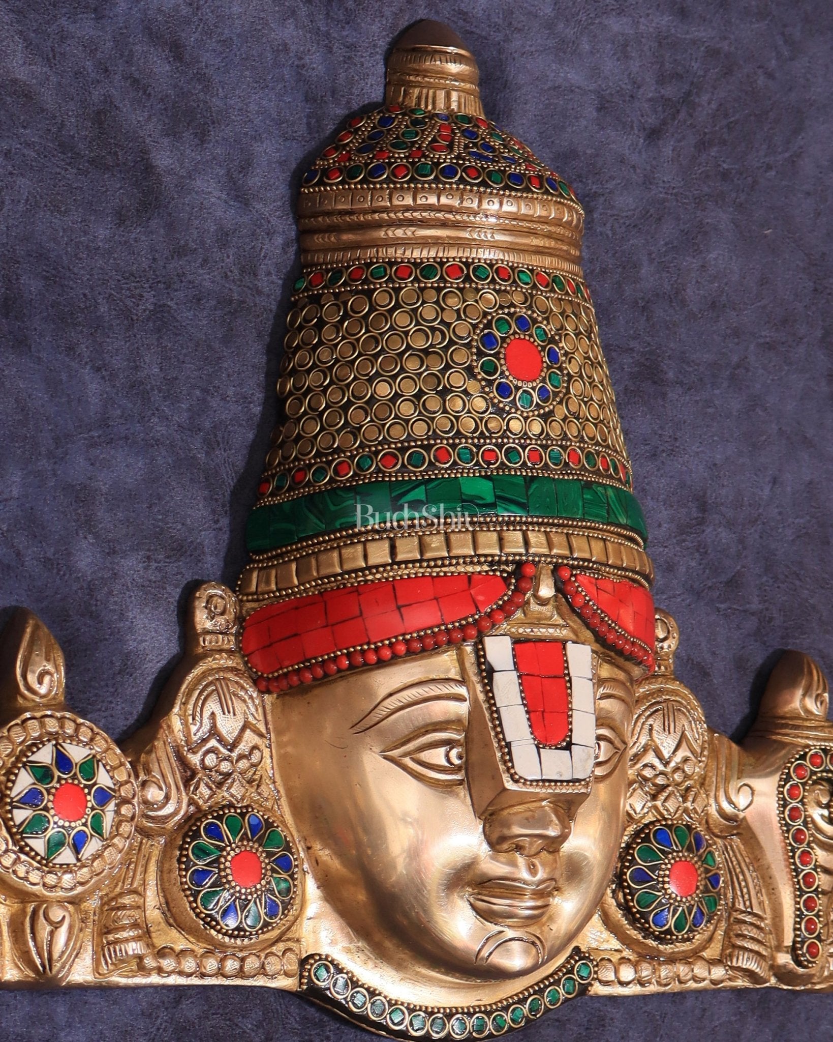 Brass Lord Tirupati Balaji Face with Shankhu Chakra | 12x13 inch - Budhshiv.com