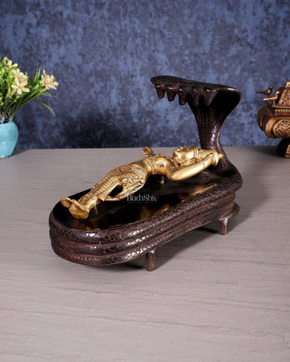 Brass Lord Vishnu in Yog Nidra on Sheshanaaga – Superfine Sculpture 9.5" - Budhshiv.com