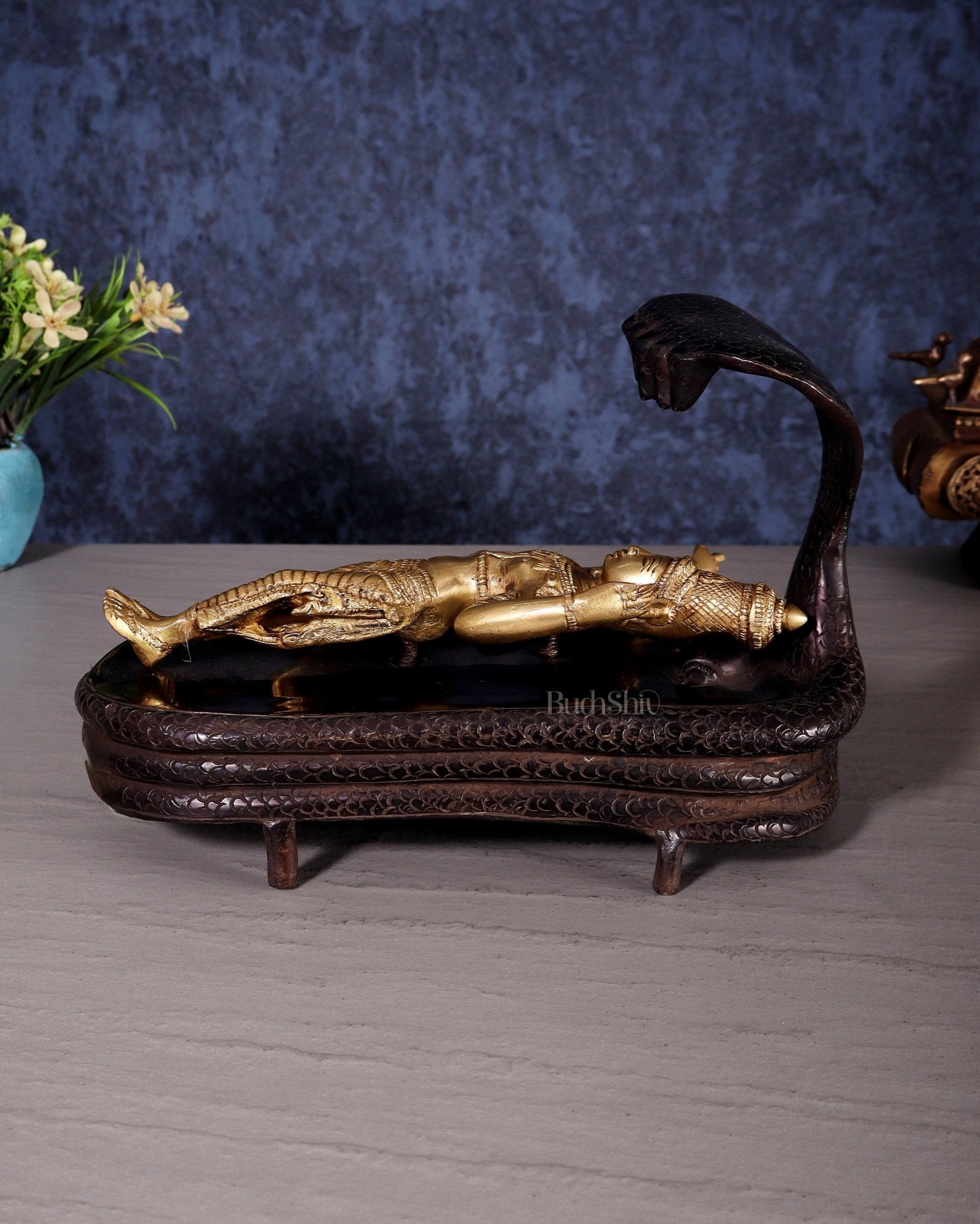 Brass Lord Vishnu in Yog Nidra on Sheshanaaga – Superfine Sculpture 9.5" - Budhshiv.com