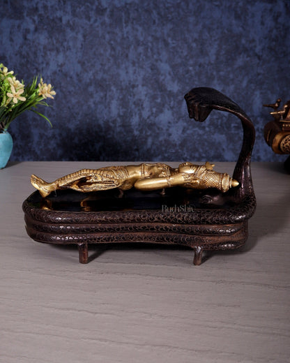 Brass Lord Vishnu in Yog Nidra on Sheshanaaga – Superfine Sculpture 9.5" - Budhshiv.com