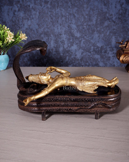 Brass Lord Vishnu in Yog Nidra on Sheshanaaga – Superfine Sculpture 9.5" - Budhshiv.com