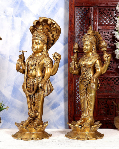 Brass Lord Vishnu & Lakshmi Standing Idol Pair | Large 2-Piece Temple Statue | Pure Brass Vaishnava Sculpture - Budhshiv.com