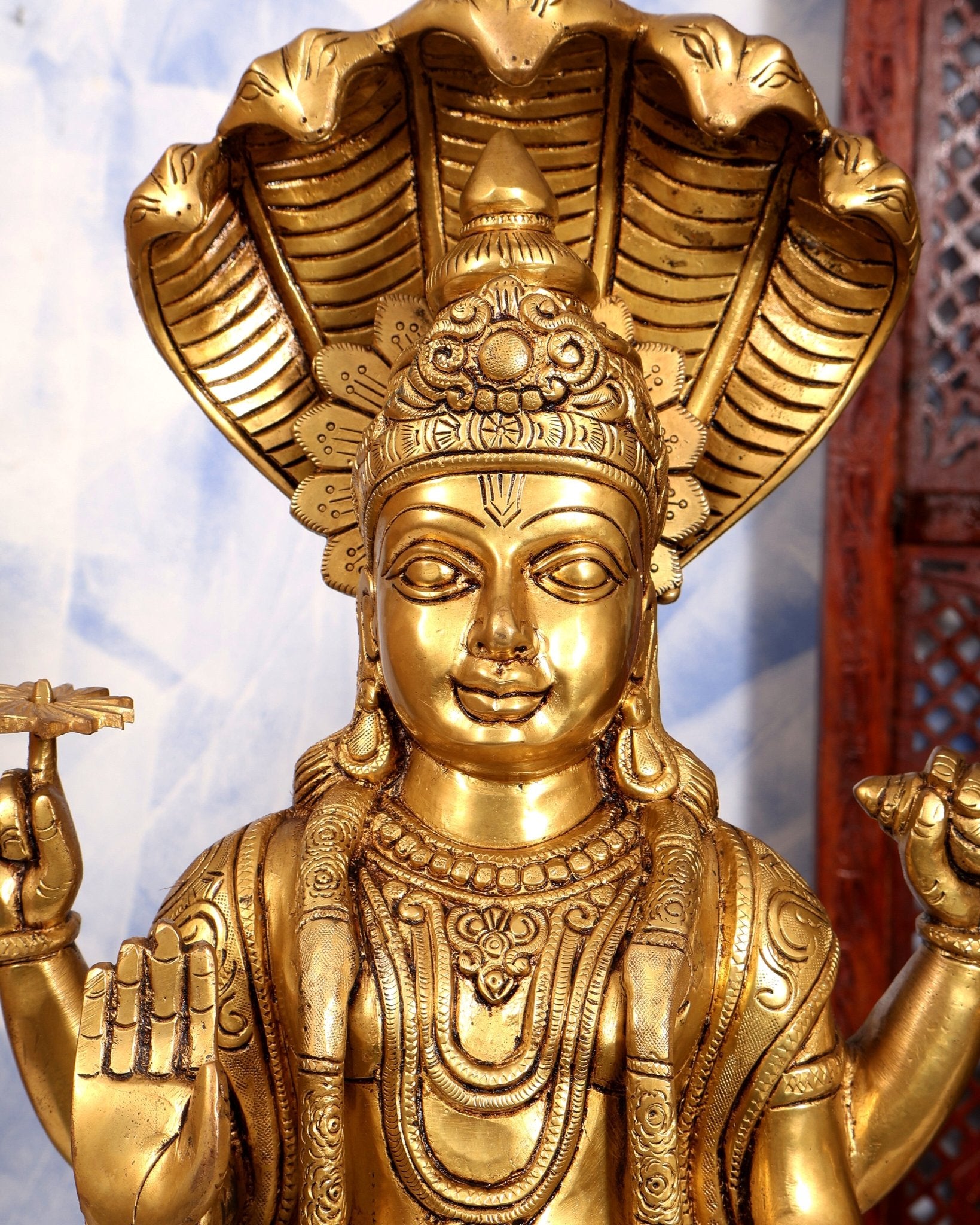 Brass Lord Vishnu & Lakshmi Standing Idol Pair | Large 2-Piece Temple Statue | Pure Brass Vaishnava Sculpture - Budhshiv.com