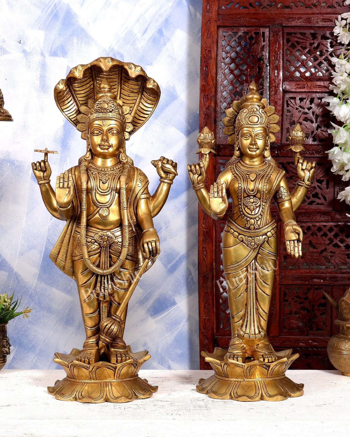 Brass Lord Vishnu & Lakshmi Standing Idol Pair | Large 2-Piece Temple Statue | Pure Brass Vaishnava Sculpture - Budhshiv.com