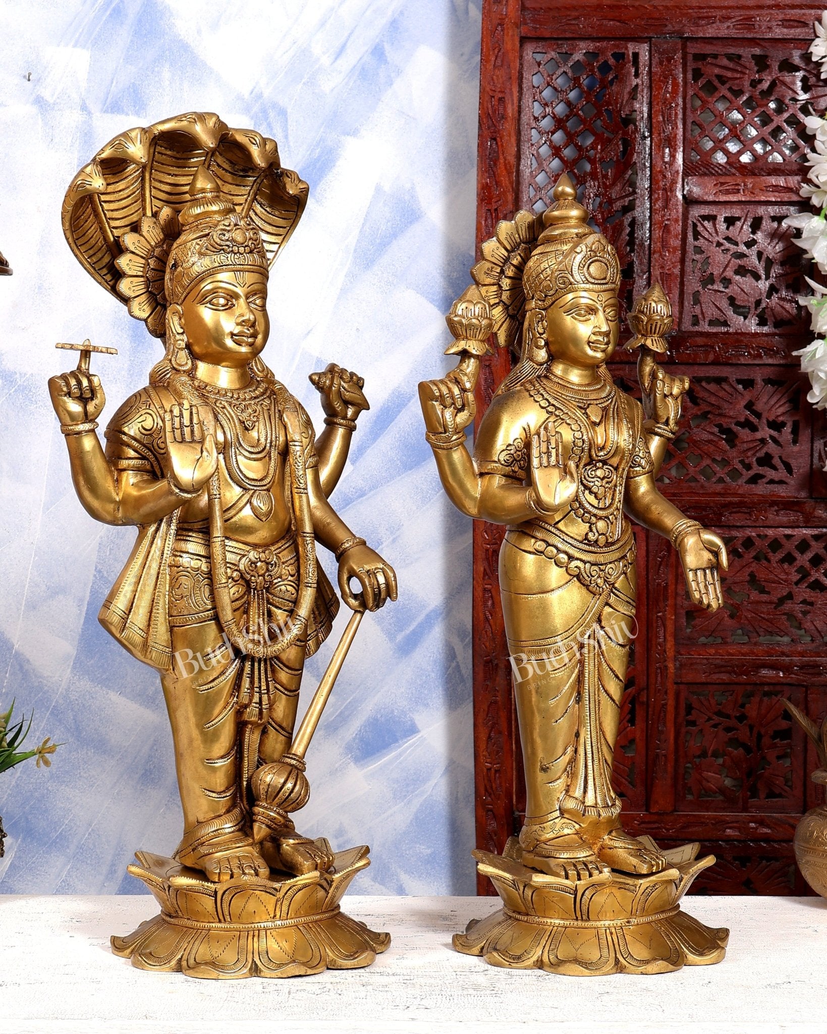 Brass Lord Vishnu & Lakshmi Standing Idol Pair | Large 2-Piece Temple Statue | Pure Brass Vaishnava Sculpture - Budhshiv.com