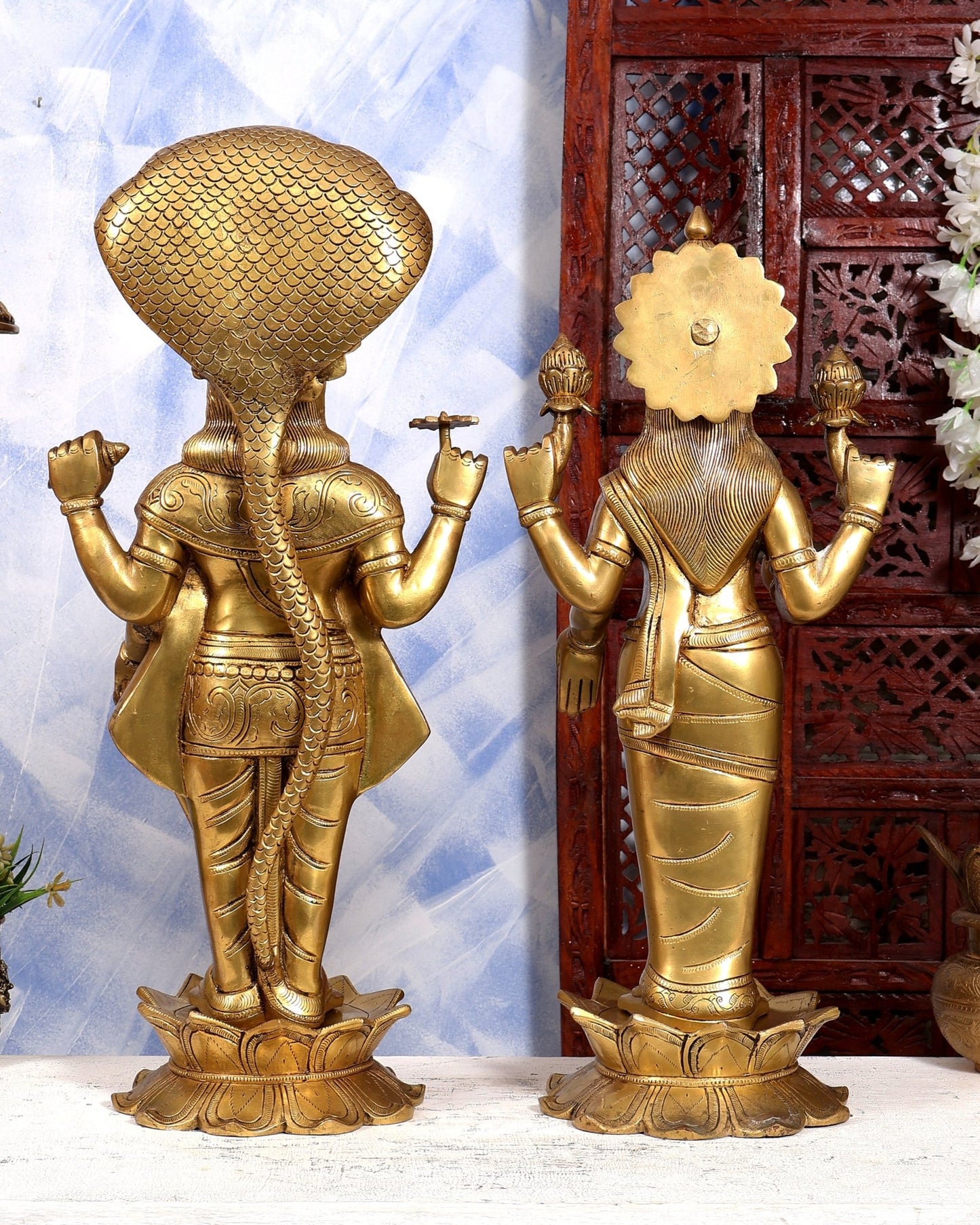 Brass Lord Vishnu & Lakshmi Standing Idol Pair | Large 2-Piece Temple Statue | Pure Brass Vaishnava Sculpture - Budhshiv.com