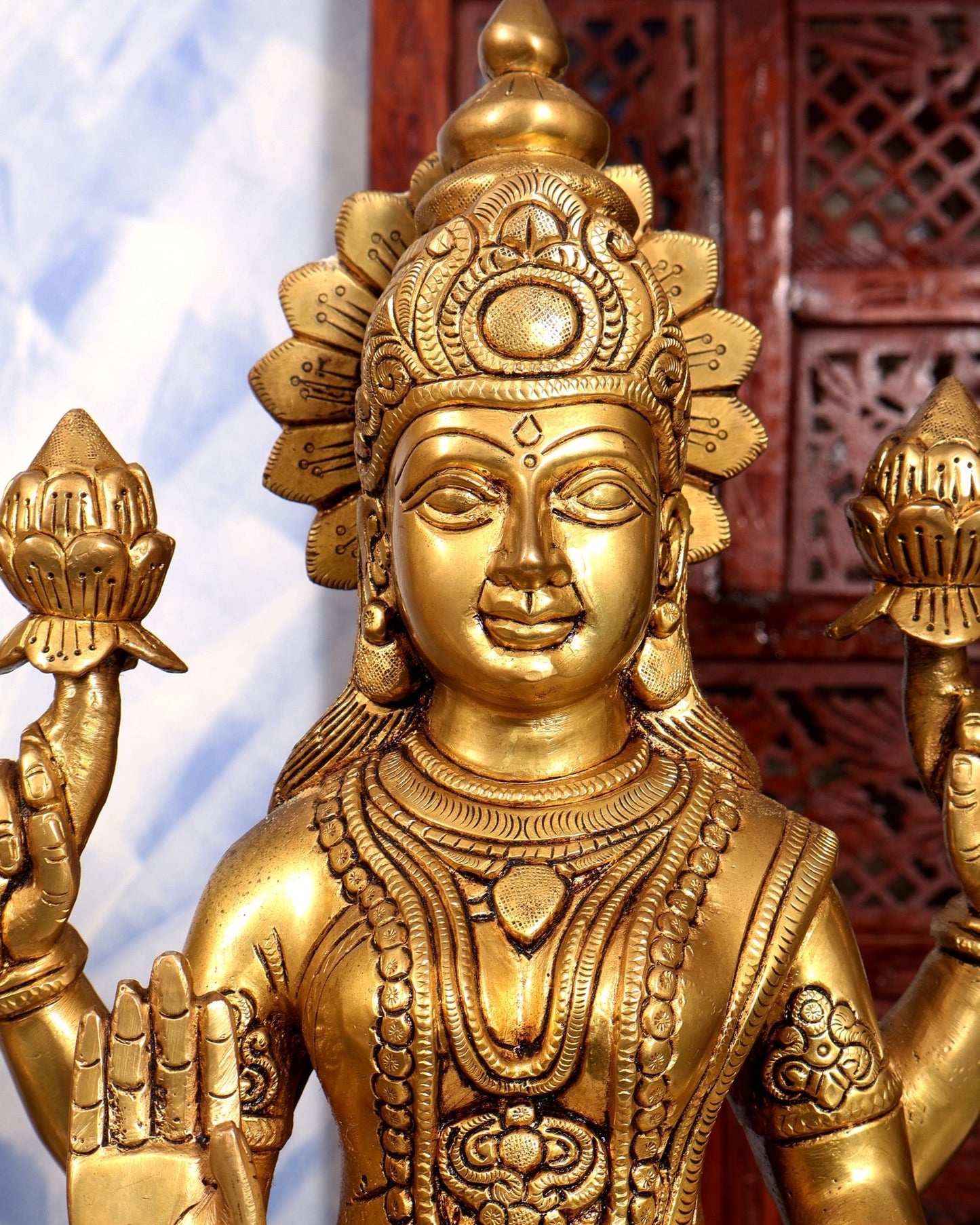 Brass Lord Vishnu & Lakshmi Standing Idol Pair | Large 2-Piece Temple Statue | Pure Brass Vaishnava Sculpture - Budhshiv.com