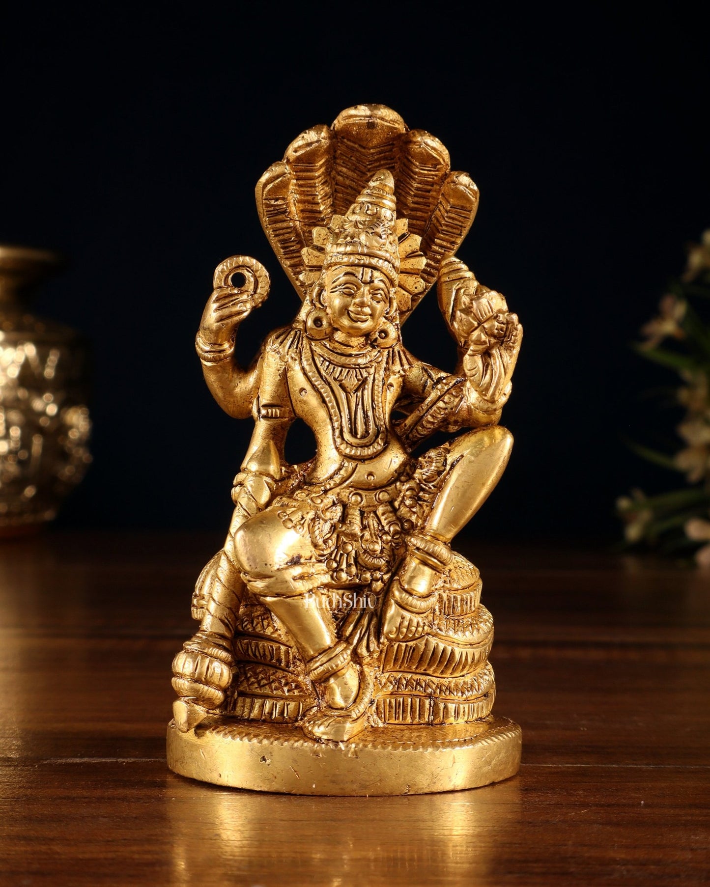 Brass Lord Vishnu Seated on Sheshanaaga – Handcrafted Idol 4.5" - Budhshiv.com