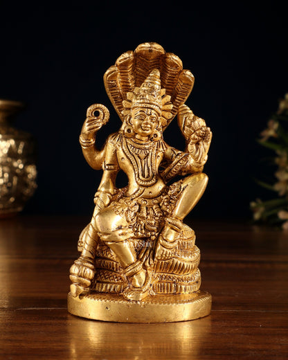 Brass Lord Vishnu Seated on Sheshanaaga – Handcrafted Idol 4.5" - Budhshiv.com