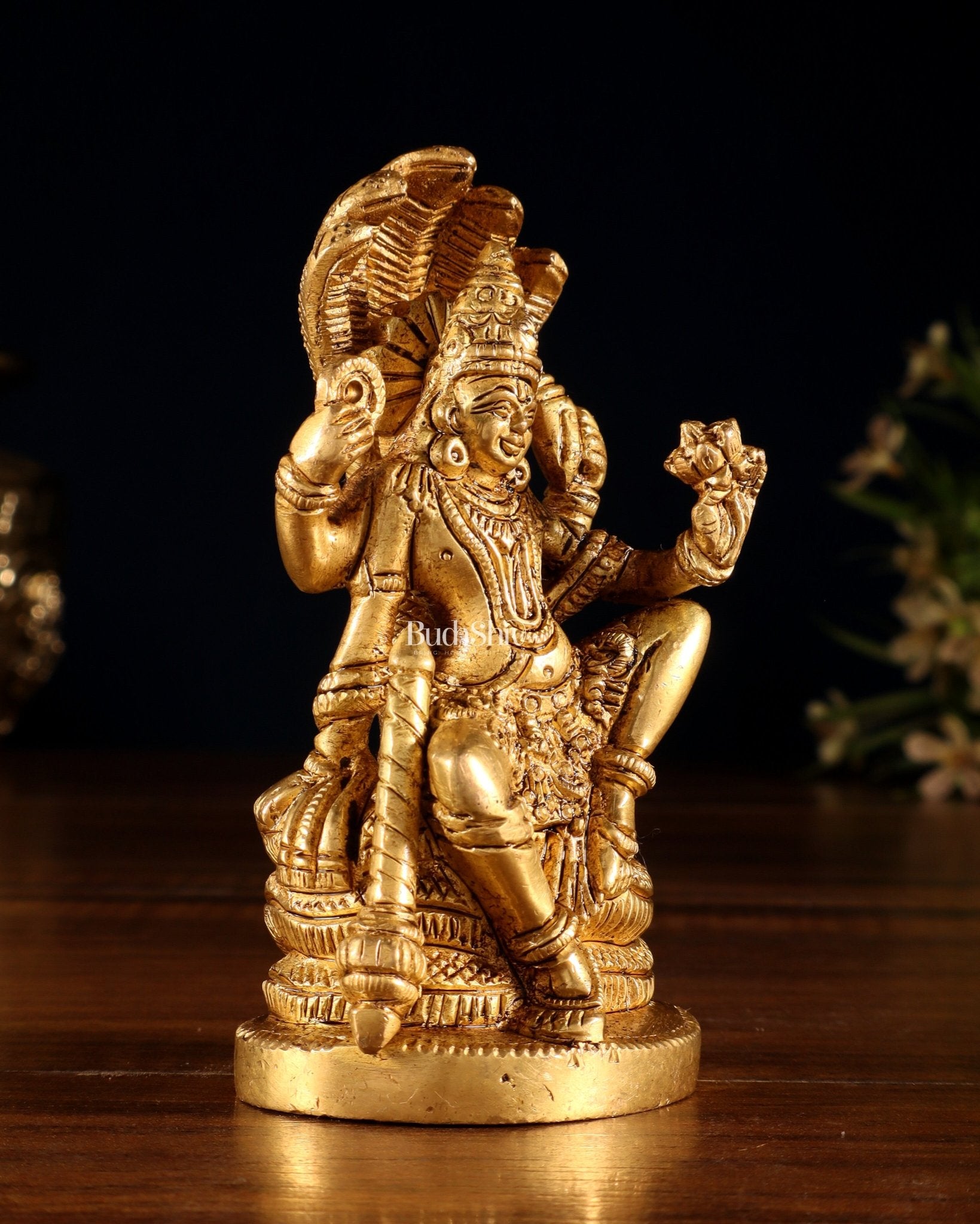 Brass Lord Vishnu Seated on Sheshanaaga – Handcrafted Idol 4.5" - Budhshiv.com