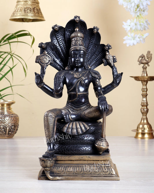 Brass Lord Vishnu sitting with Sheshnaaga - 14 Inch Black edition - Budhshiv.com