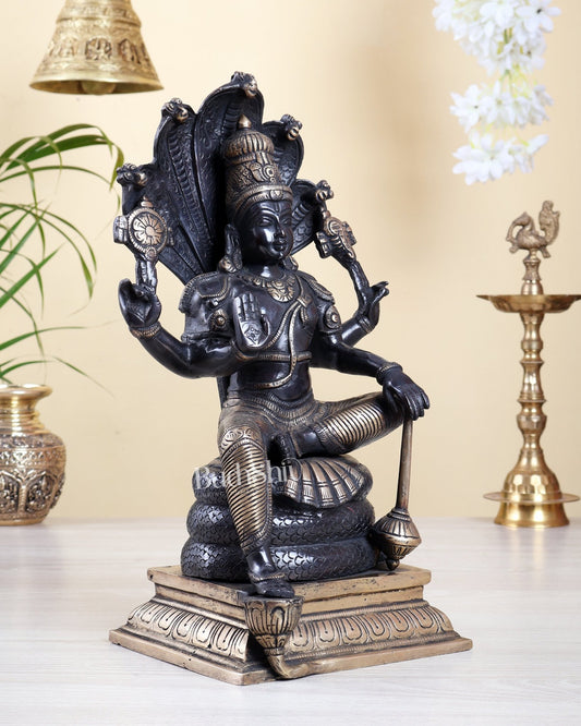 Brass Lord Vishnu sitting with Sheshnaaga - 14 Inch Black edition - Budhshiv.com