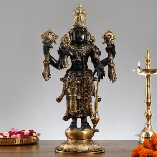 Brass Lord Vishnu Statue - Handcrafted, 20" Tall, 12kg - Budhshiv.com