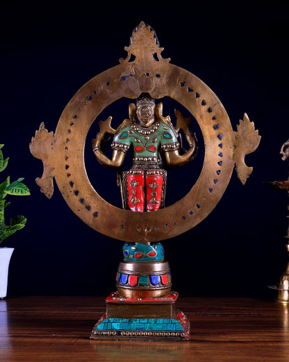 Brass Lord Vishnu Statue with Sudarshan Chakra Aura 16 inch stonework - Budhshiv.com