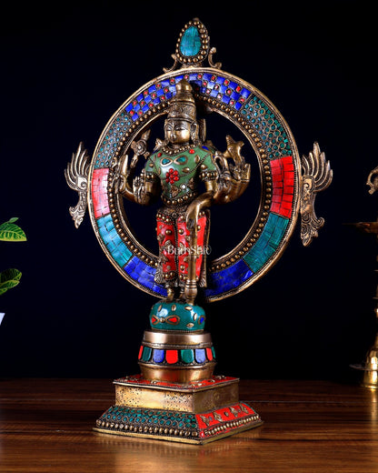 Brass Lord Vishnu Statue with Sudarshan Chakra Aura 16 inch stonework - Budhshiv.com
