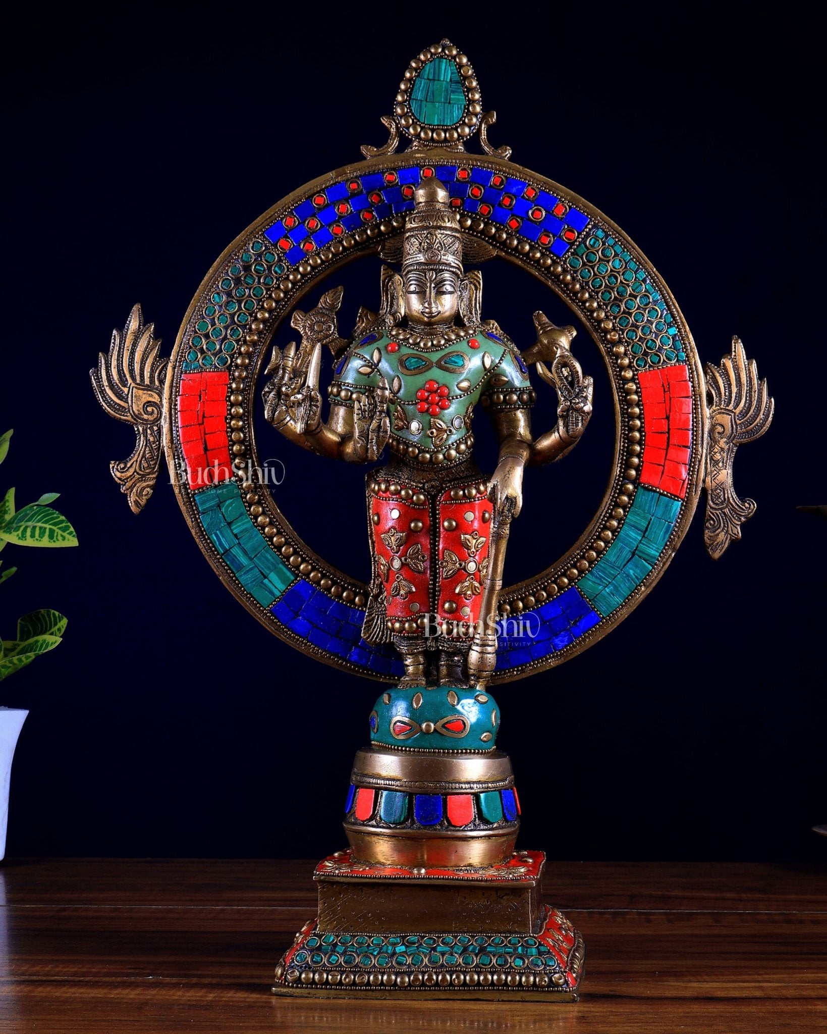 Brass Lord Vishnu Statue with Sudarshan Chakra Aura 16 inch stonework - Budhshiv.com