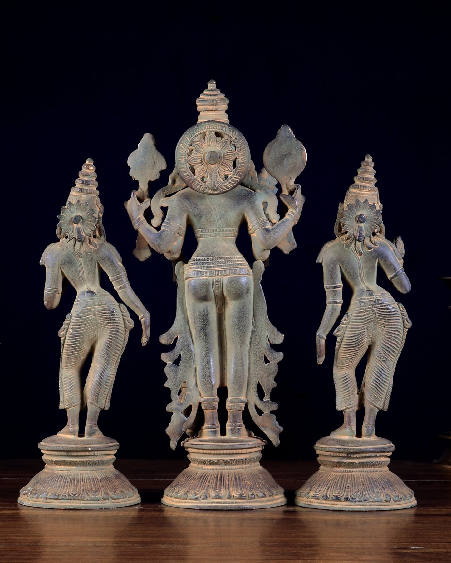 Brass Lord Vishnu with Bhudevi and Sridevi idols – Sand Patina 13" - Budhshiv.com