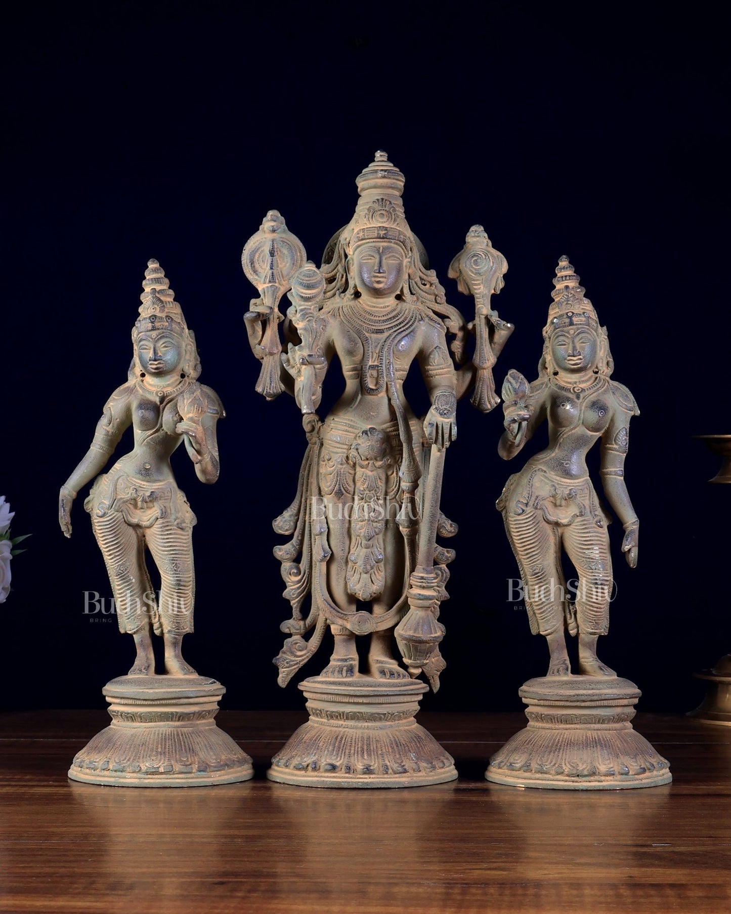 Brass Lord Vishnu with Bhudevi and Sridevi idols – Sand Patina 13" - Budhshiv.com