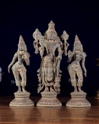 Brass Lord Vishnu with Bhudevi and Sridevi idols – Sand Patina 13" - Budhshiv.com
