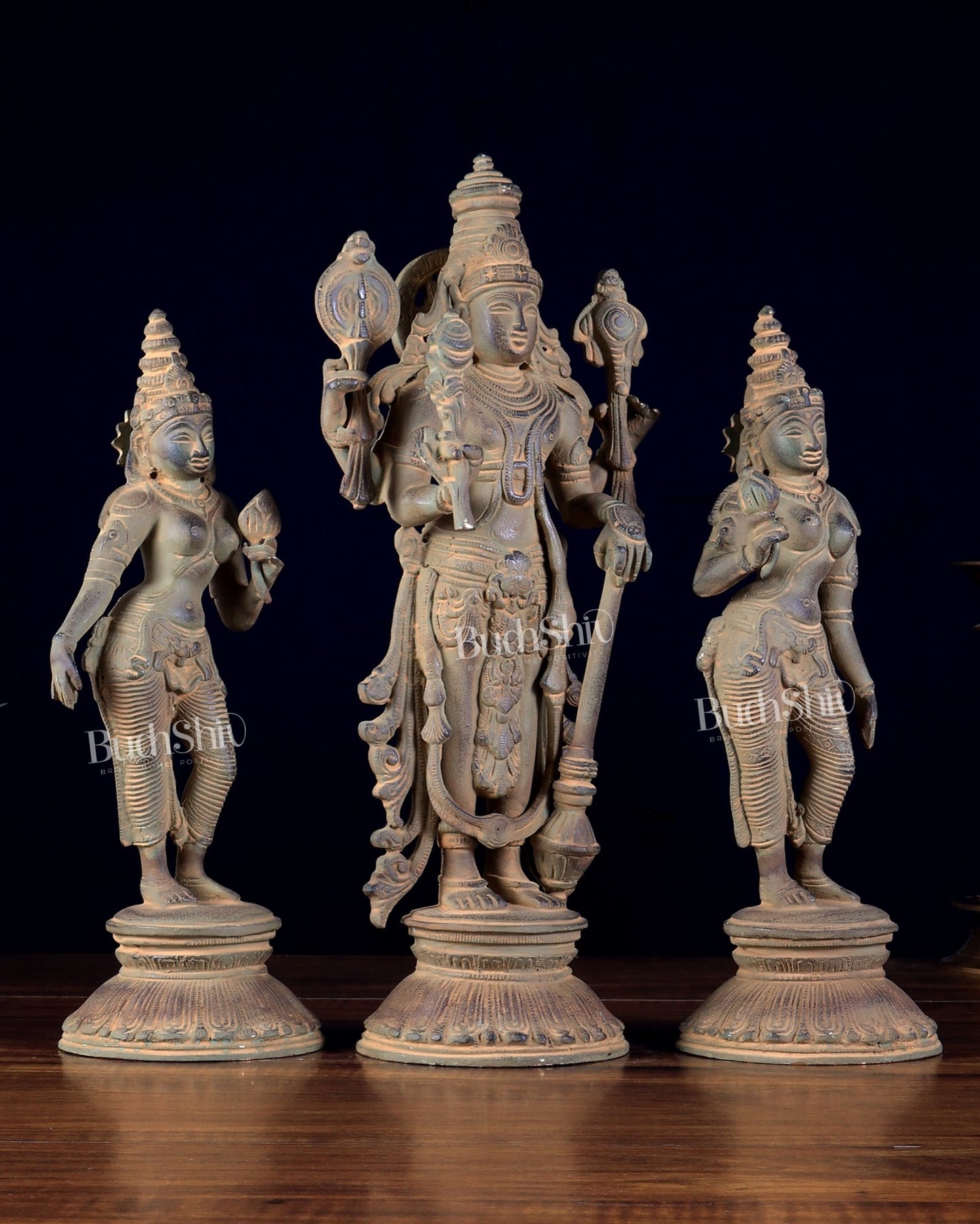 Brass Lord Vishnu with Bhudevi and Sridevi idols – Sand Patina 13" - Budhshiv.com