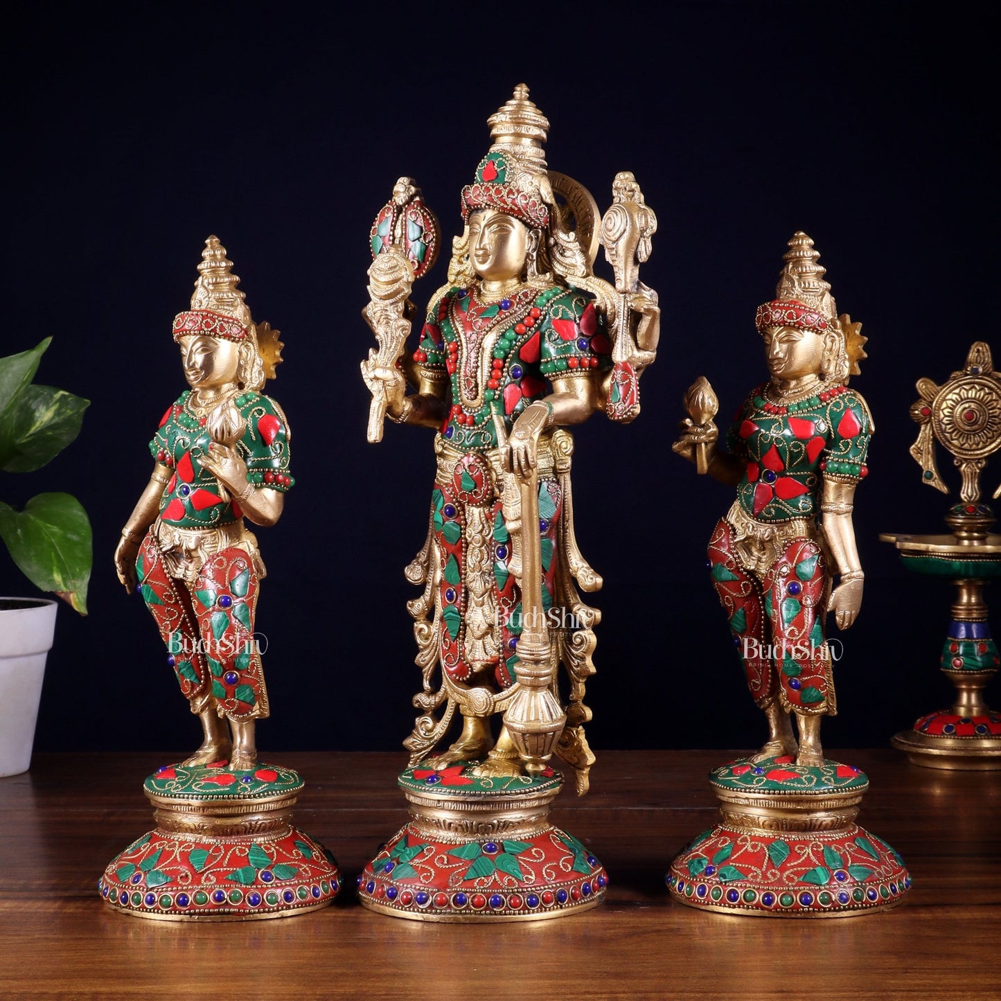 Brass Lord Vishnu with Bhudevi and Sridevi Statues – meenakari Stonework, 13" - Budhshiv.com