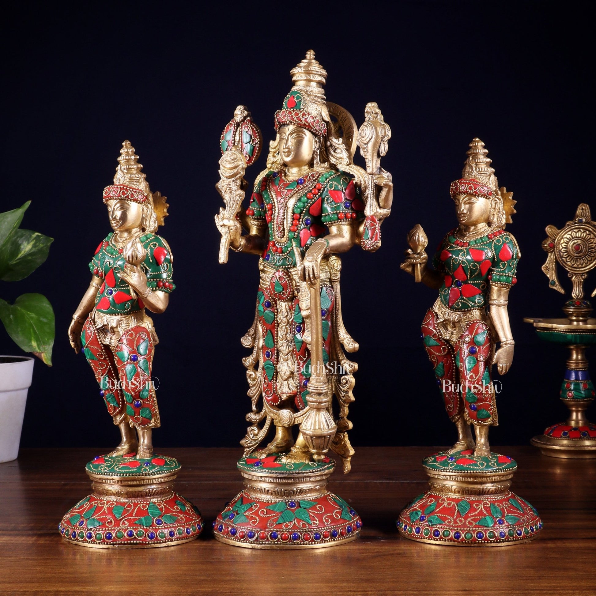 Brass Lord Vishnu with Bhudevi and Sridevi Statues – meenakari Stonework, 13" - Budhshiv.com