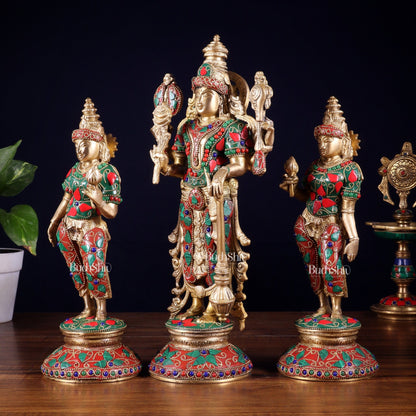 Brass Lord Vishnu with Bhudevi and Sridevi Statues – meenakari Stonework, 13" - Budhshiv.com