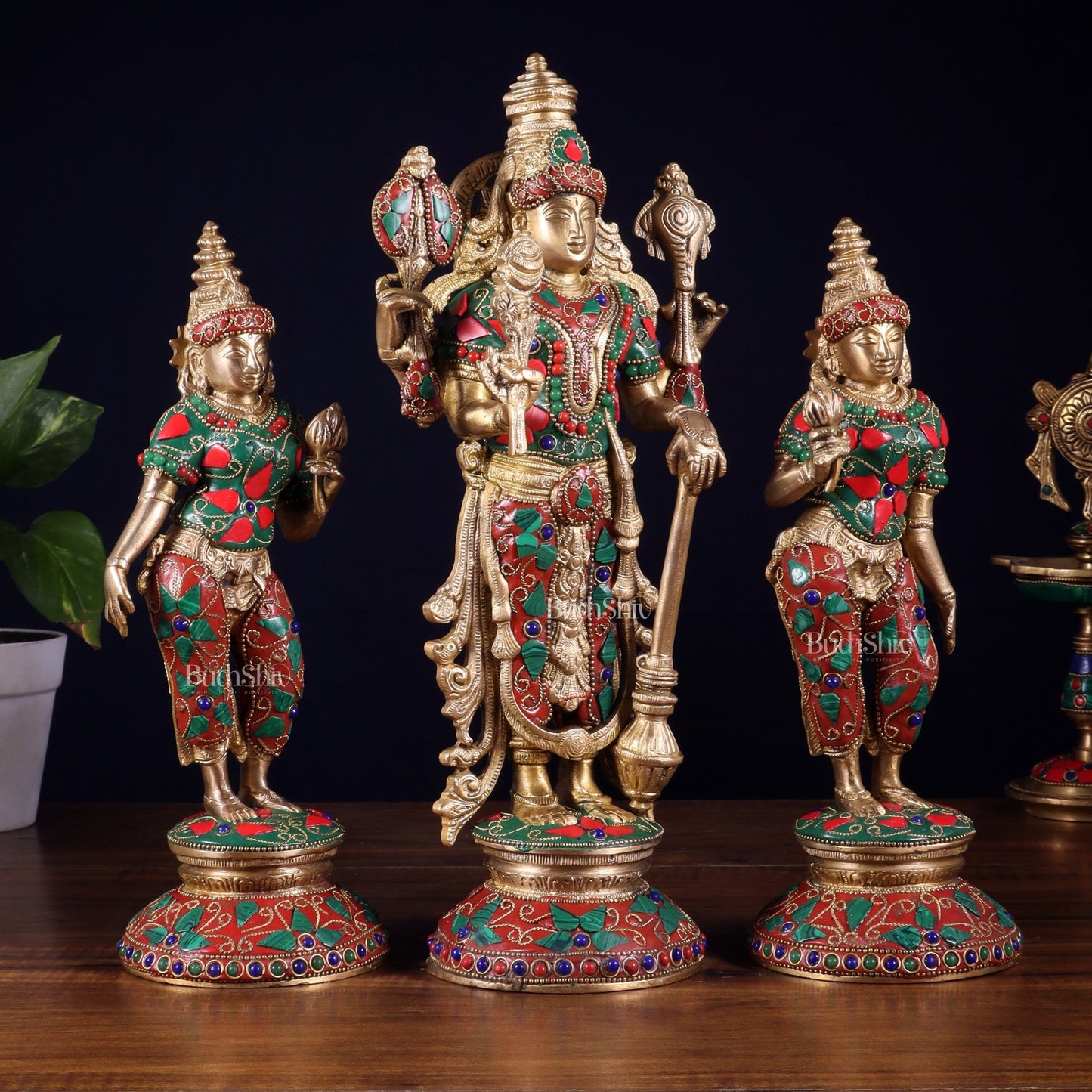 Brass Lord Vishnu with Bhudevi and Sridevi Statues – meenakari Stonework, 13" - Budhshiv.com